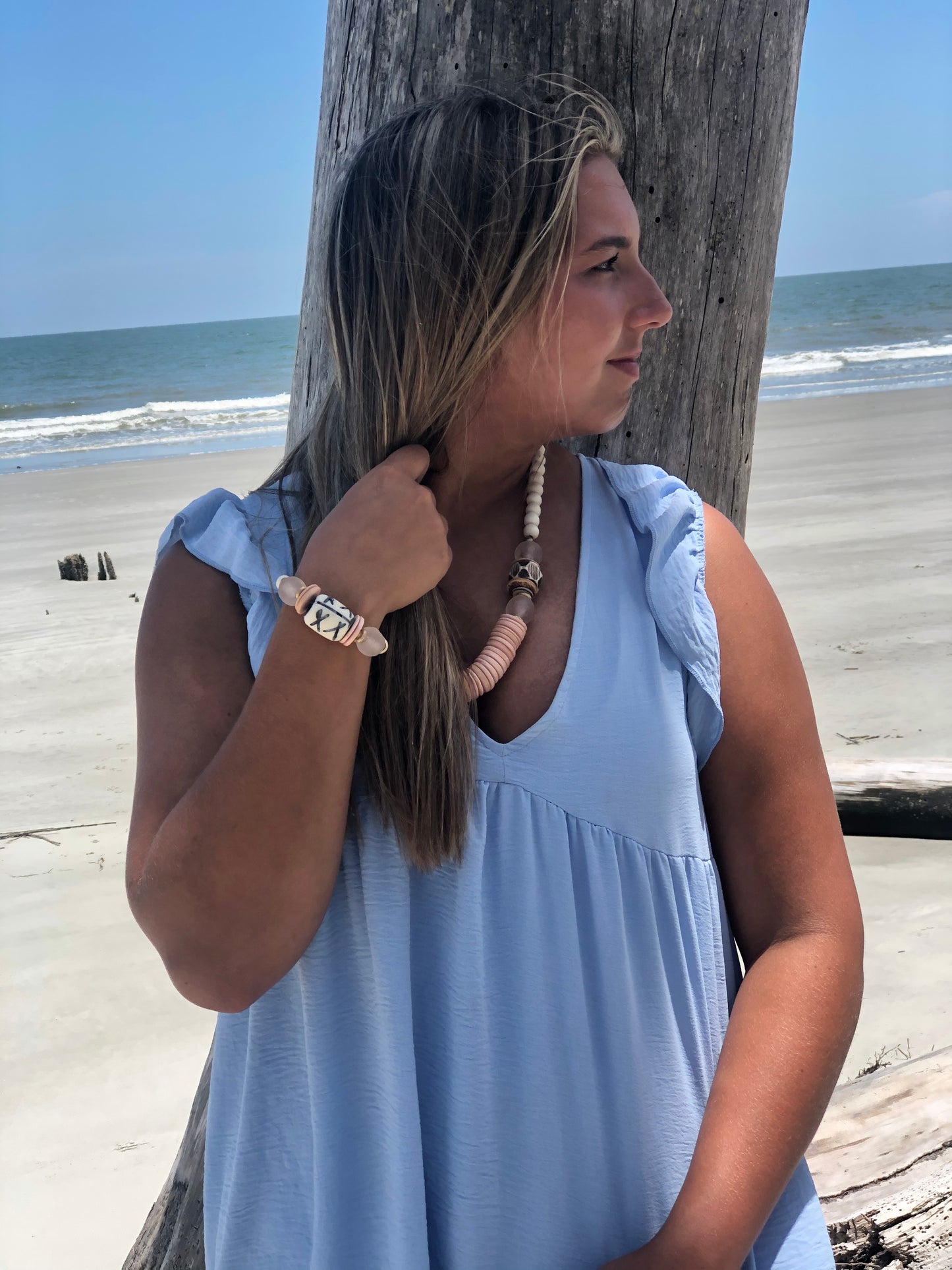 Pink Coconut, Bone and Pale Pink Recycled Glass Necklace