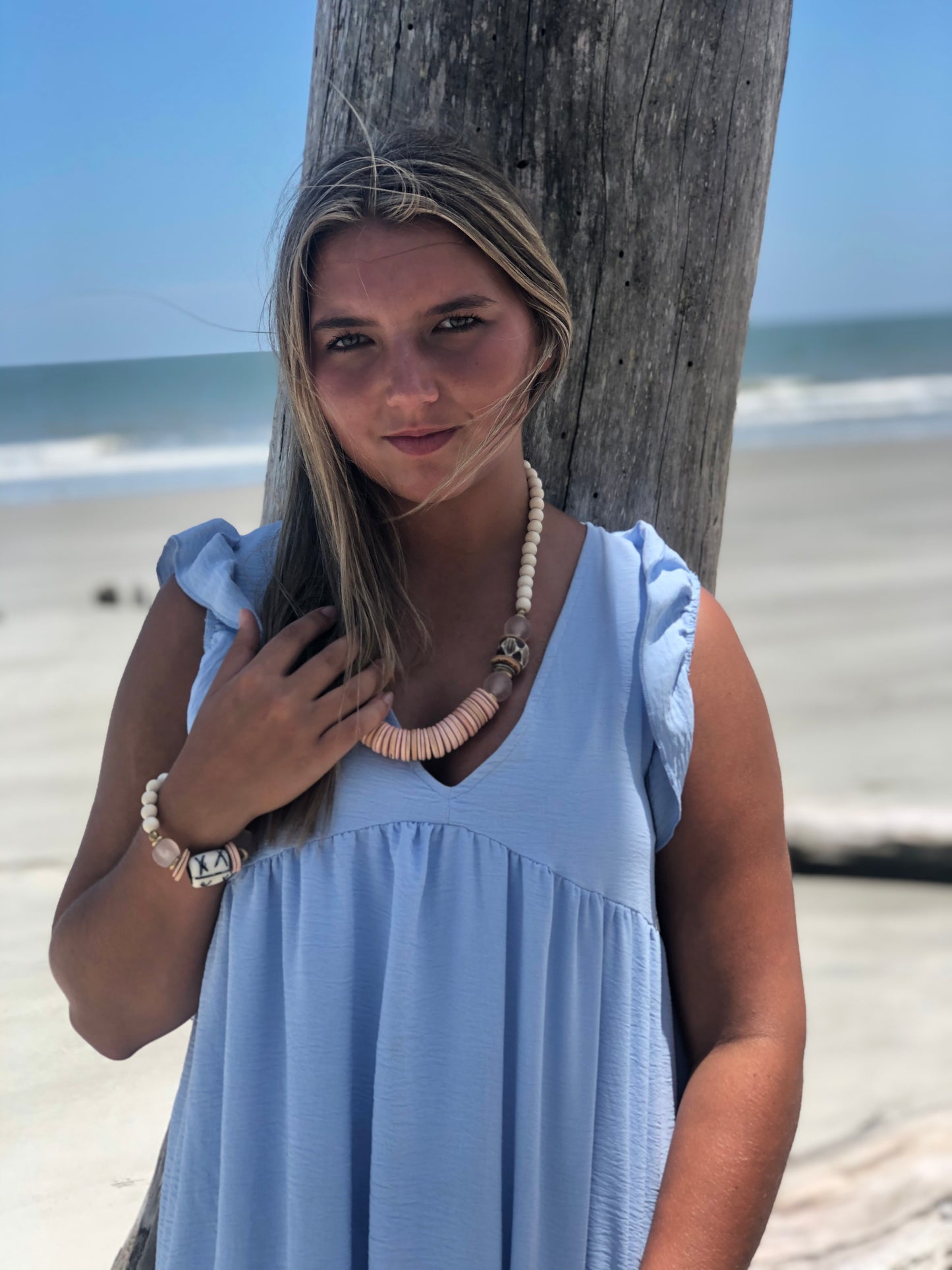 Pink Coconut, Bone and Pale Pink Recycled Glass Necklace