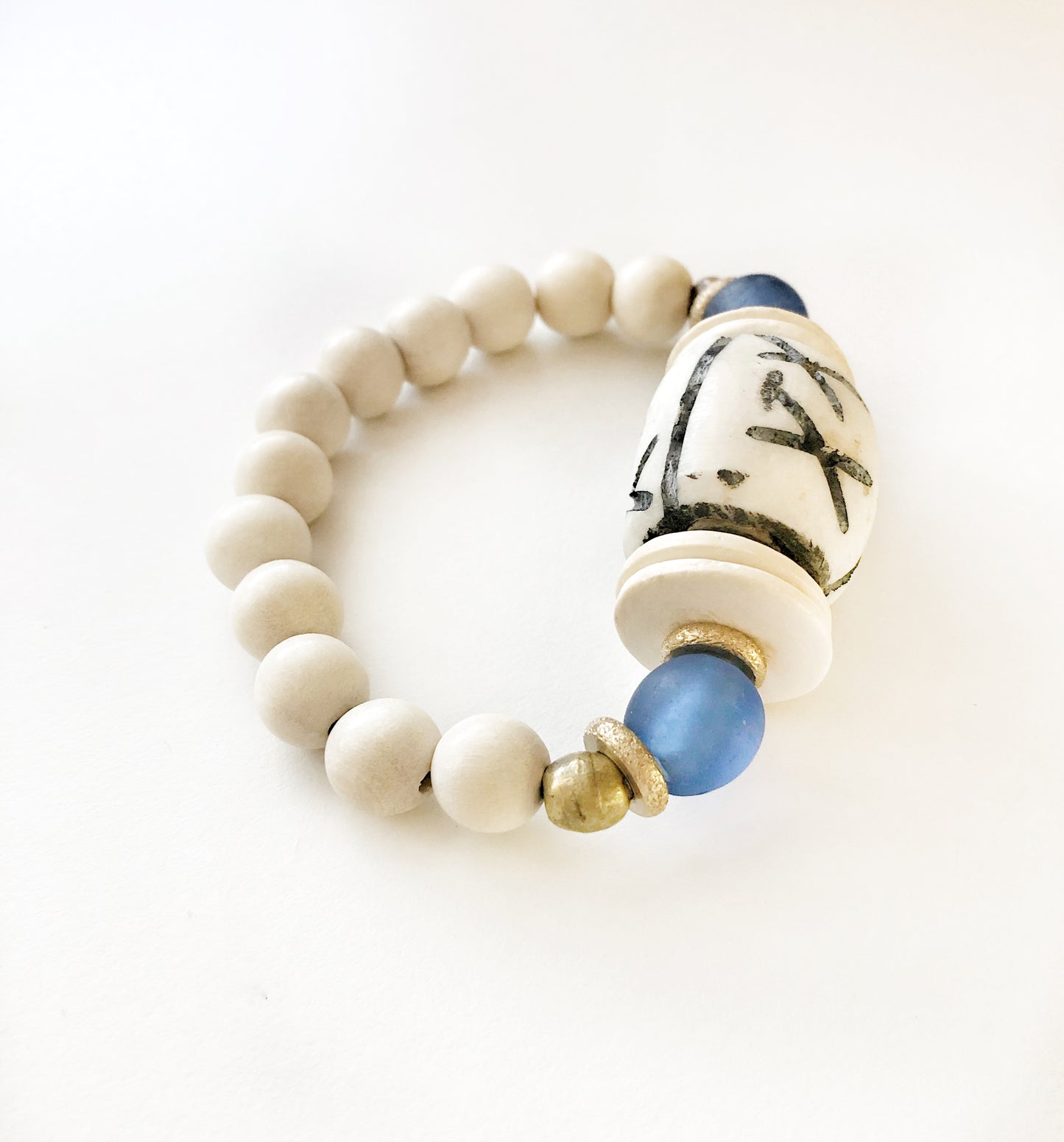 Carved Bone Bead Bracelet with Blue Recycled Glass and Coconut