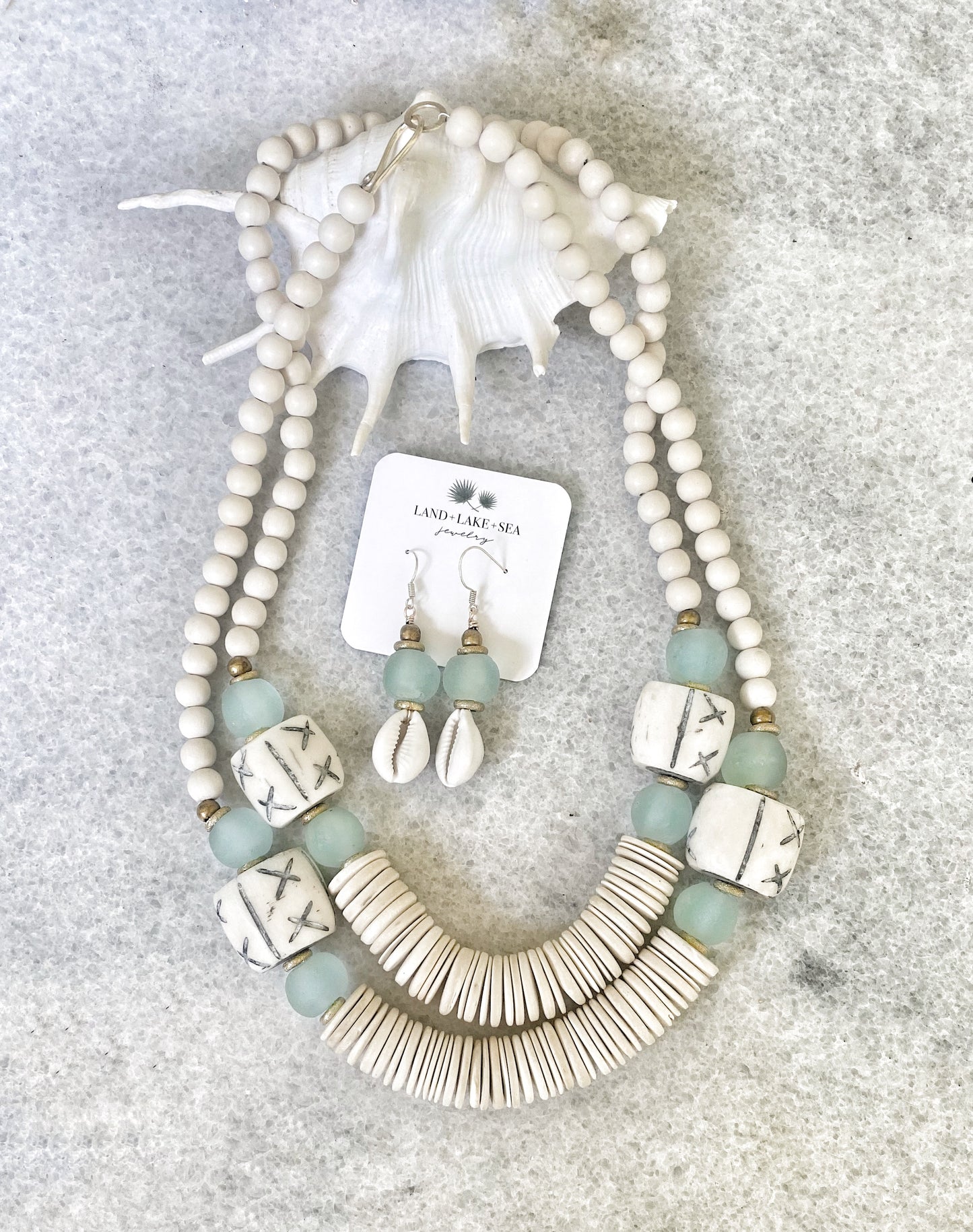 Coconut, Bone and Blue Recycled Glass Necklace