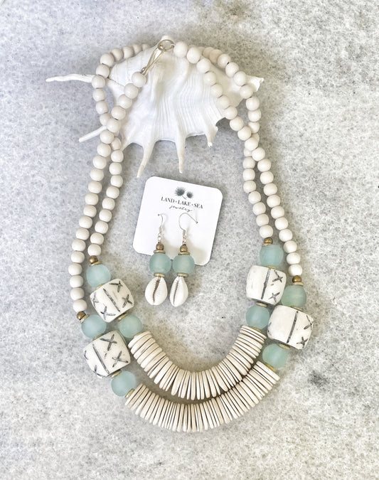 Coconut, Bone and Blue Recycled Glass Necklace