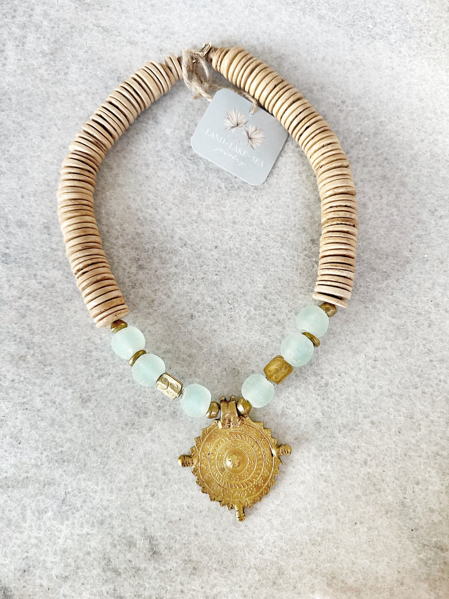 Brass “El Dorado” Pendant Necklace - Light Aqua