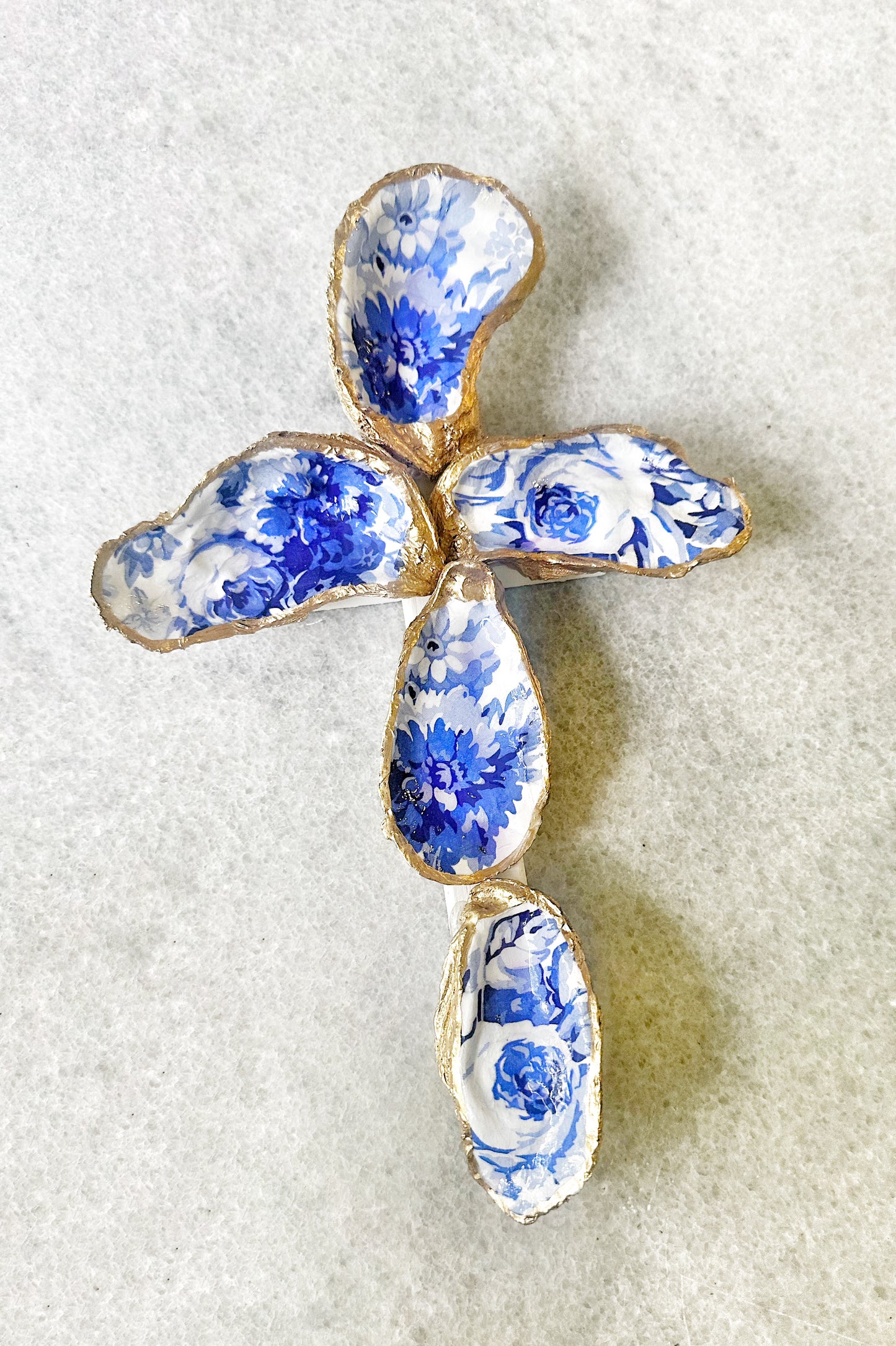 Reserved for Sue H - Oyster Shell Cross - Cobalt Blue Floral