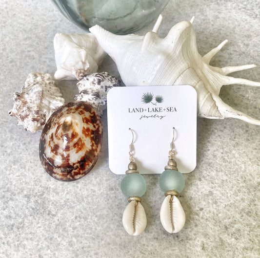 Cowrie Shell and Blue Recycled Glass Earrings