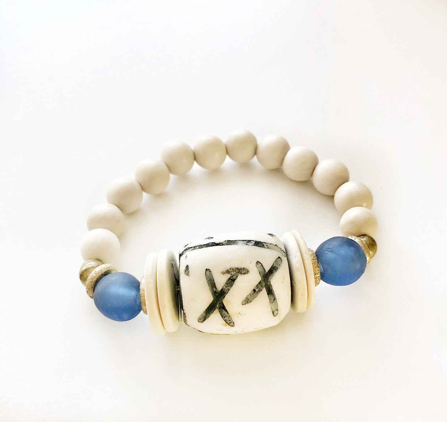 Carved Bone Bead Bracelet with Blue Recycled Glass and Coconut