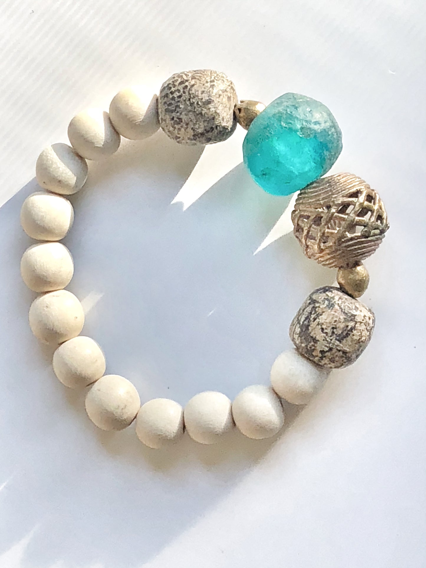 Aqua Blue Recycled Glass Bracelet with Fossilized Stegodon Beads