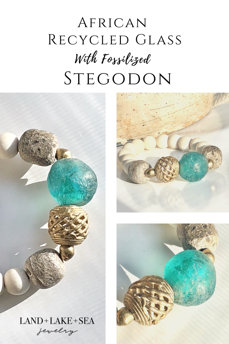 Aqua Blue Recycled Glass Bracelet with Fossilized Stegodon Beads