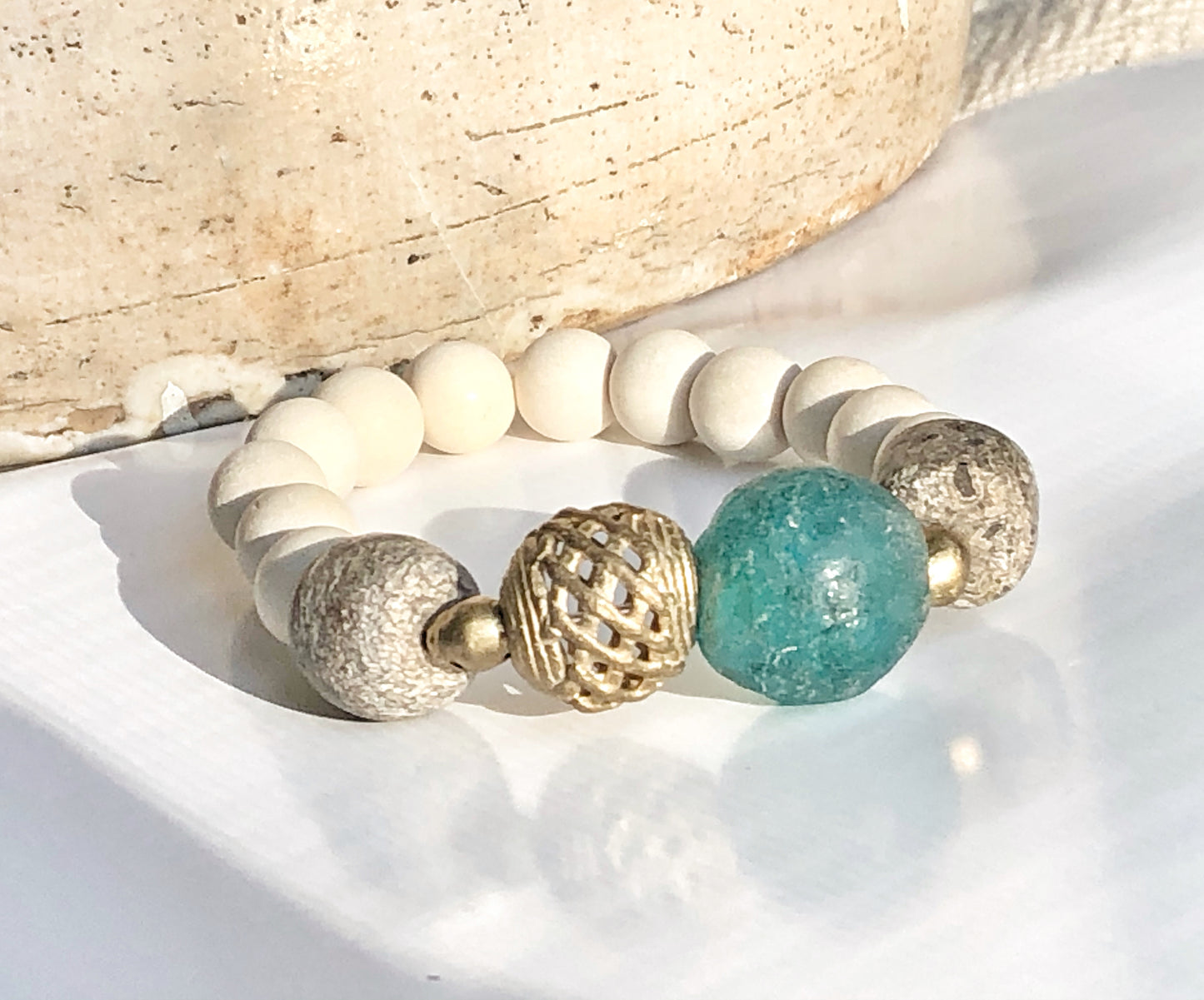 Aqua Blue Recycled Glass Bracelet with Fossilized Stegodon Beads