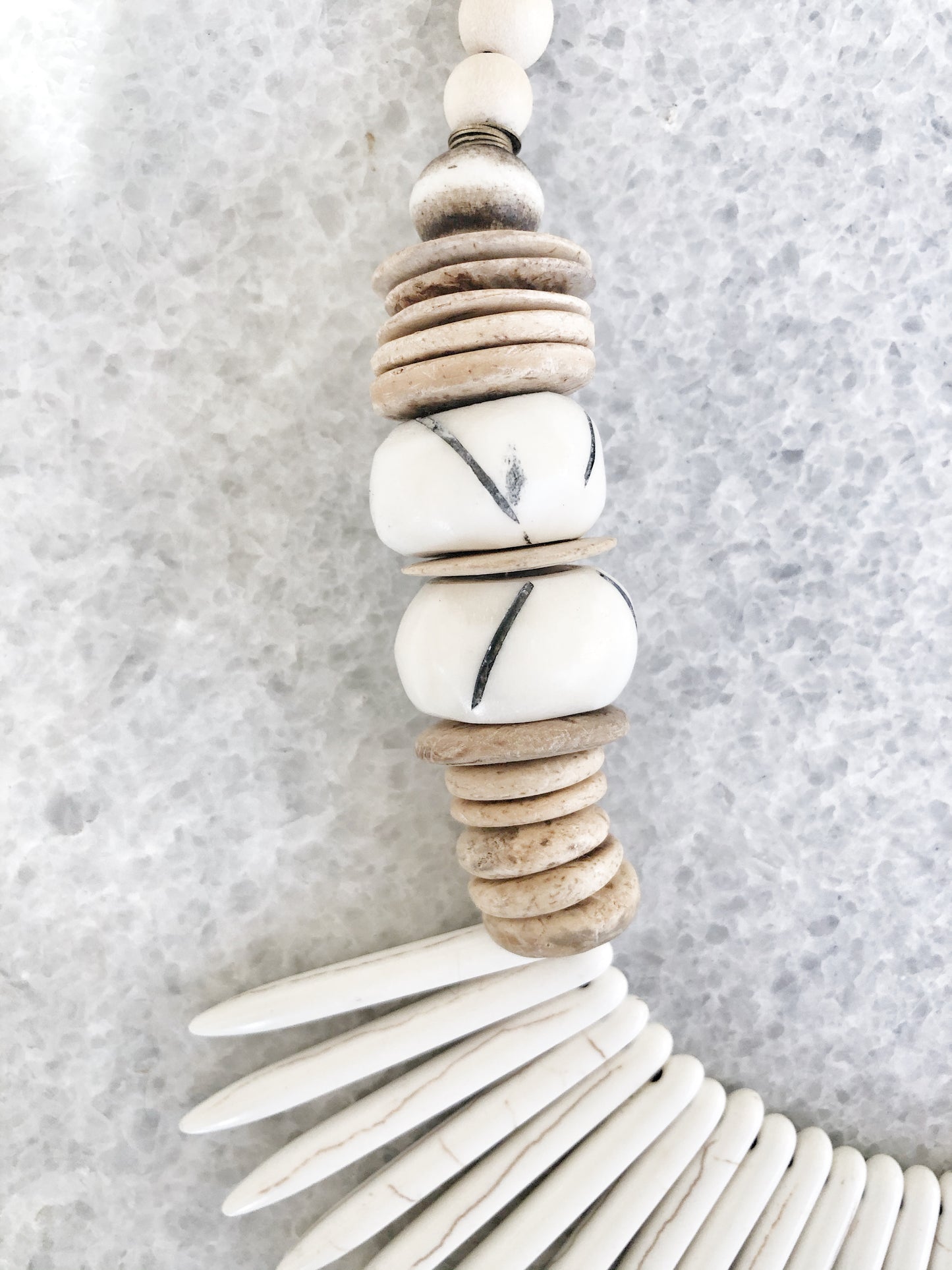 White Magnesite Spike and Coconut Necklace with Hand-Carved African Bone