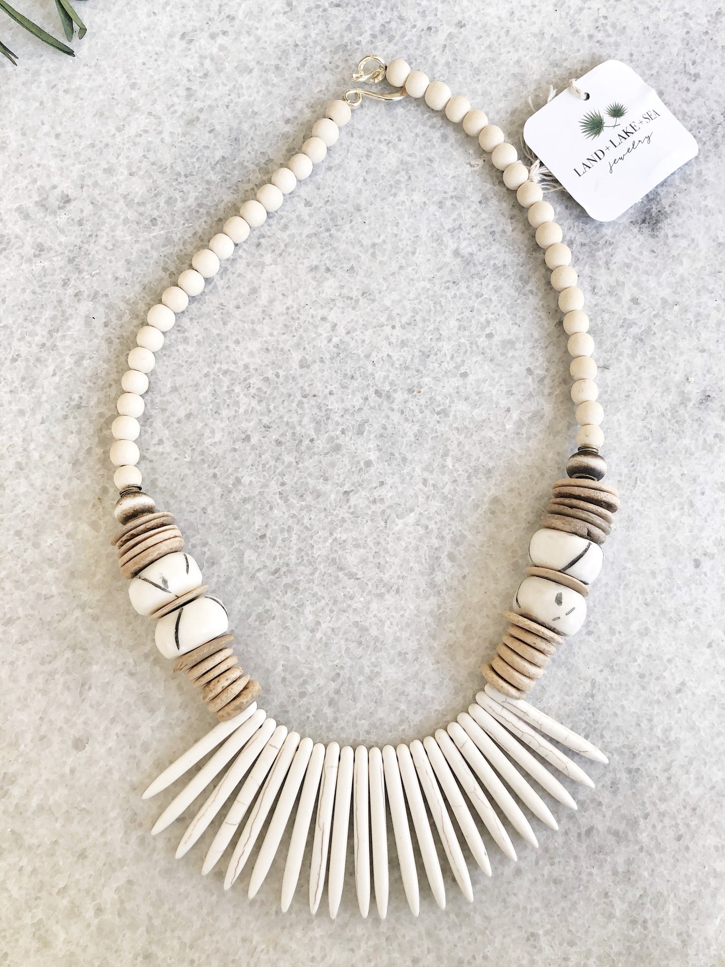 White Magnesite Spike and Coconut Necklace with Hand-Carved African Bone