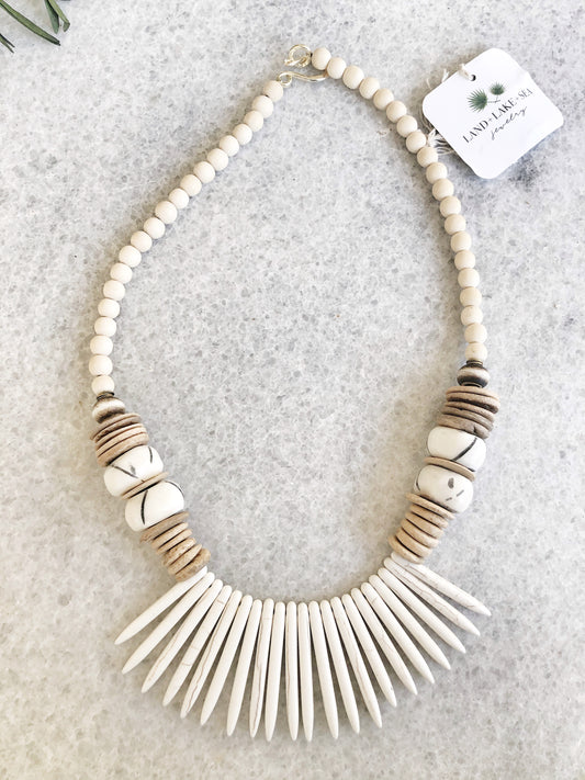 White Magnesite Spike and Coconut Necklace with Hand-Carved African Bone