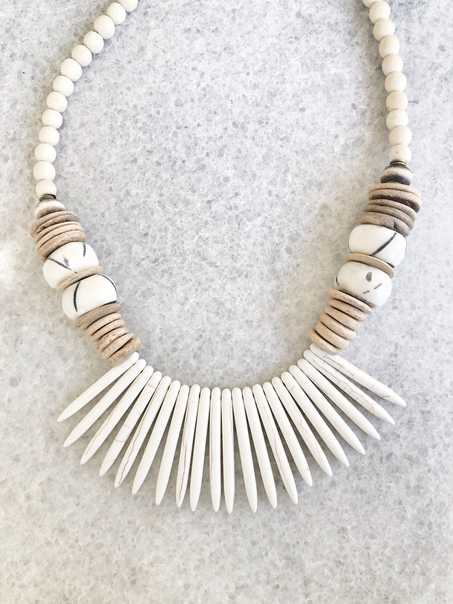 White Magnesite Spike and Coconut Necklace with Hand-Carved African Bone