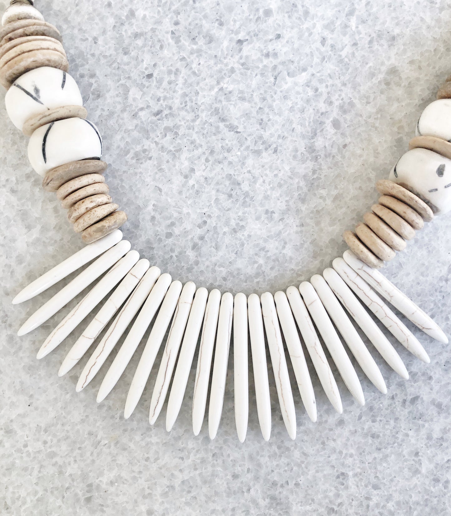 White Magnesite Spike and Coconut Necklace with Hand-Carved African Bone