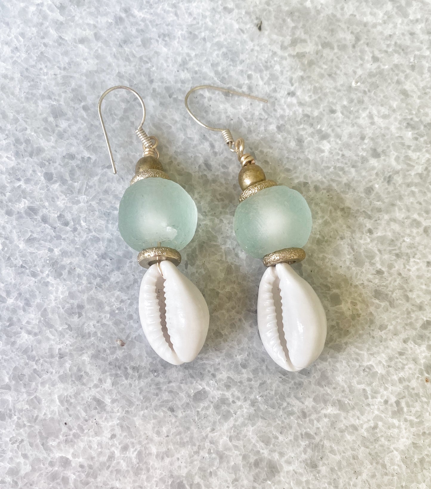 Cowrie Shell and Blue Recycled Glass Earrings