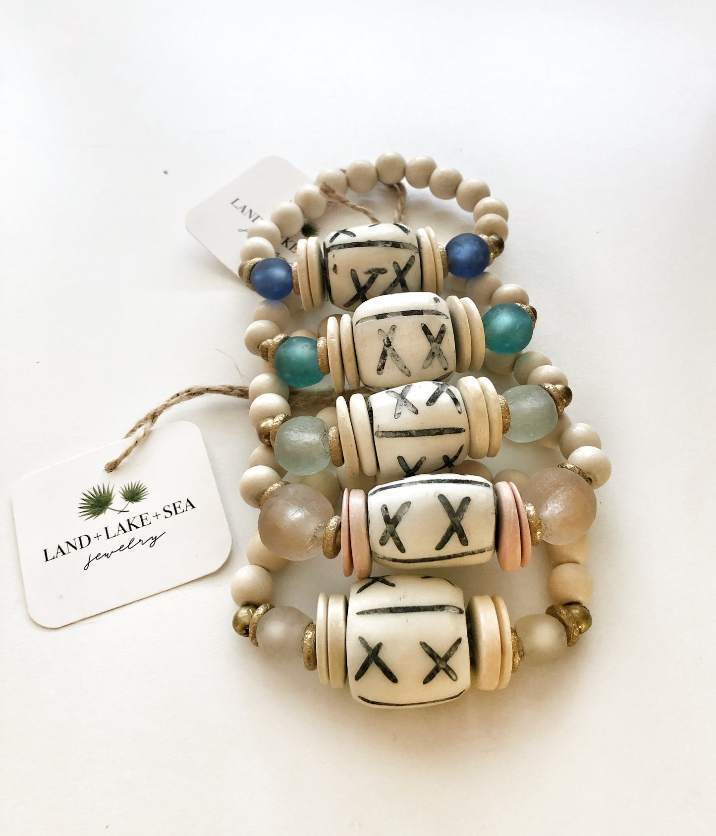 Carved Bone Bead Bracelet with Blue Recycled Glass and Coconut