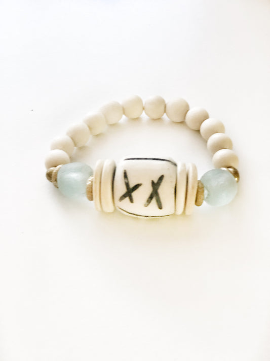 Carved Bone Bead Bracelet with Light Aqua Recycled Glass and Coconut