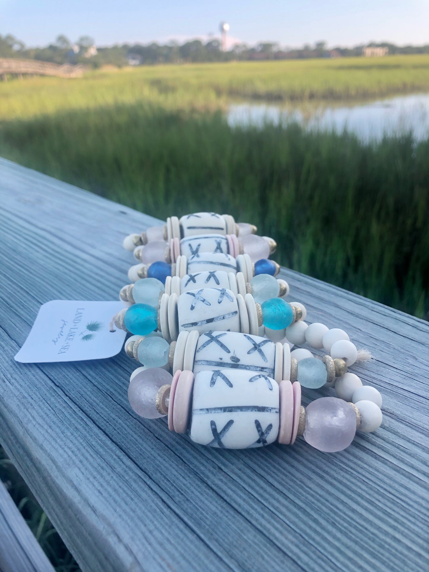 Carved Bone Bead Bracelet with Bright Aqua Recycled Glass and Coconut