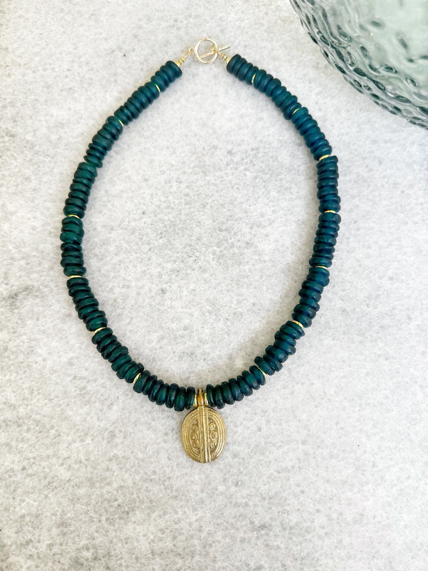 Brass Pendant Neckace with Alpine Teal Recycled Glass