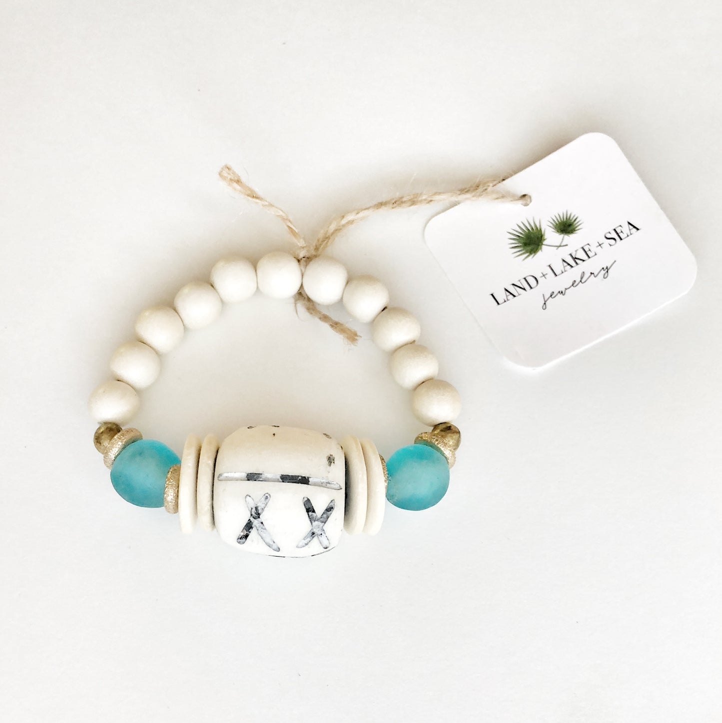 Carved Bone Bead Bracelet with Bright Aqua Recycled Glass and Coconut