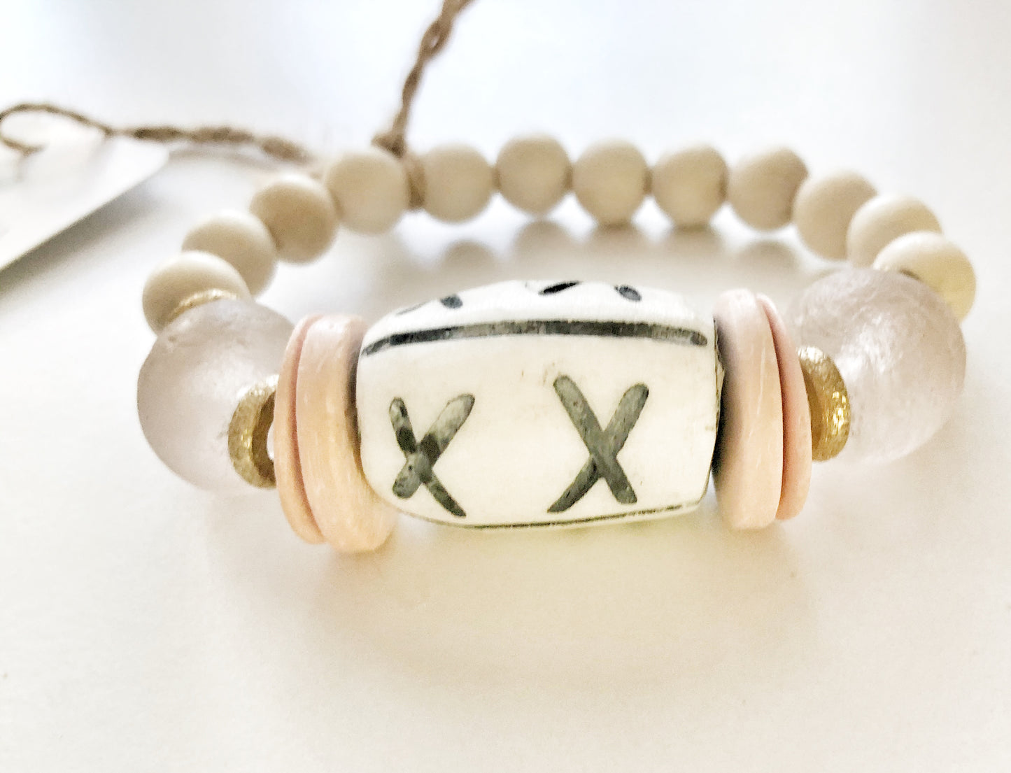 Carved Bone Bead Bracelet with Pink Recycled Glass and Coconut