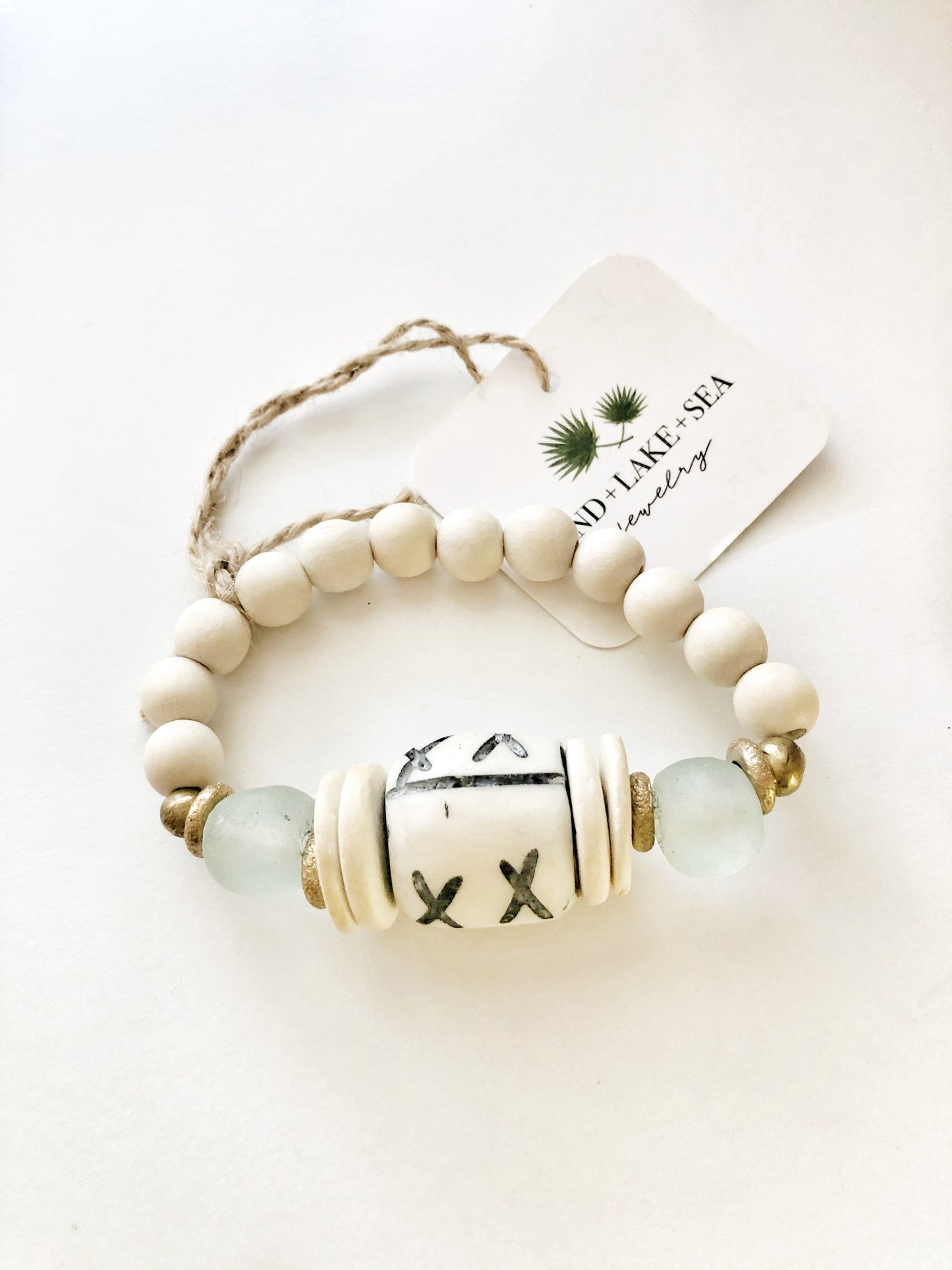 Carved Bone Bead Bracelet with Light Aqua Recycled Glass and Coconut