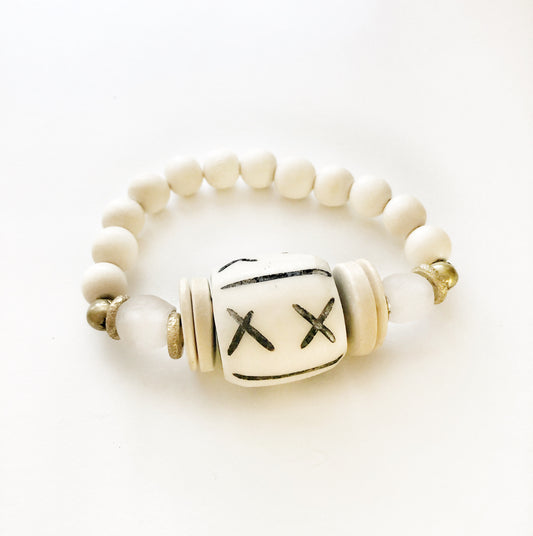 Carved Bone Bead Bracelet with Recycled Glass and Coconut