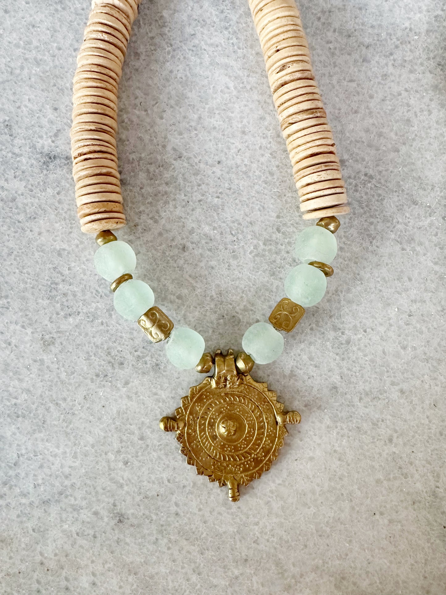 Brass “El Dorado” Pendant Necklace - Light Aqua