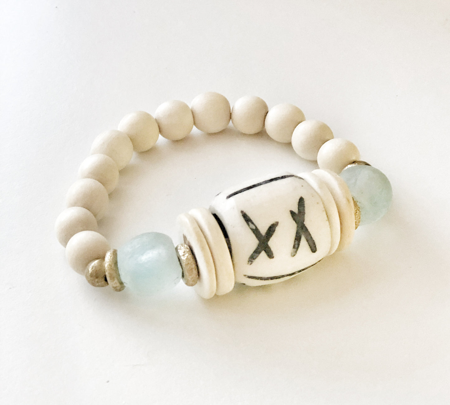 Carved Bone Bead Bracelet with Light Aqua Recycled Glass and Coconut