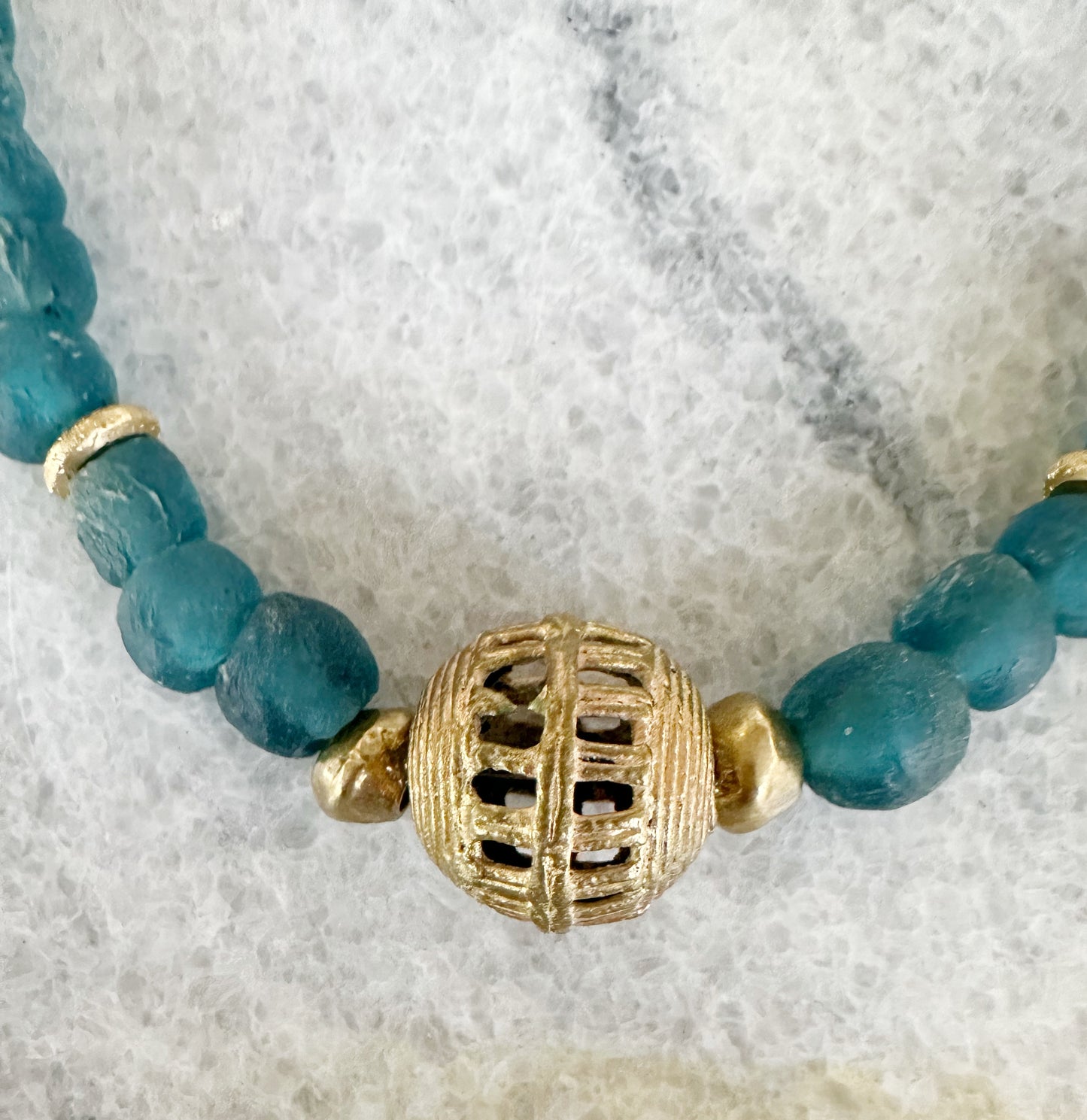 Teal Recycled Glass Necklace with African Brass