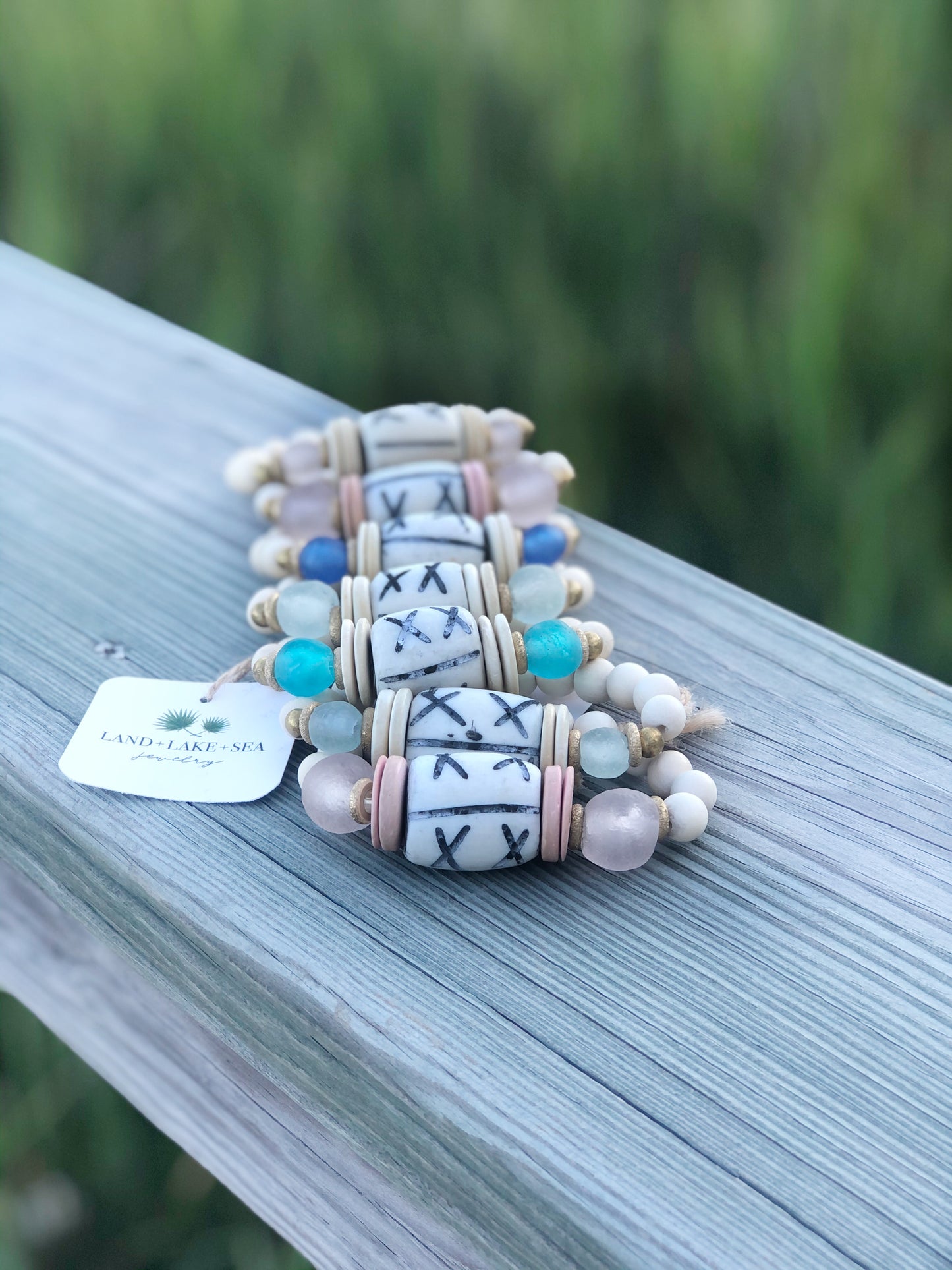 Carved Bone Bead Bracelet with Blue Recycled Glass and Coconut