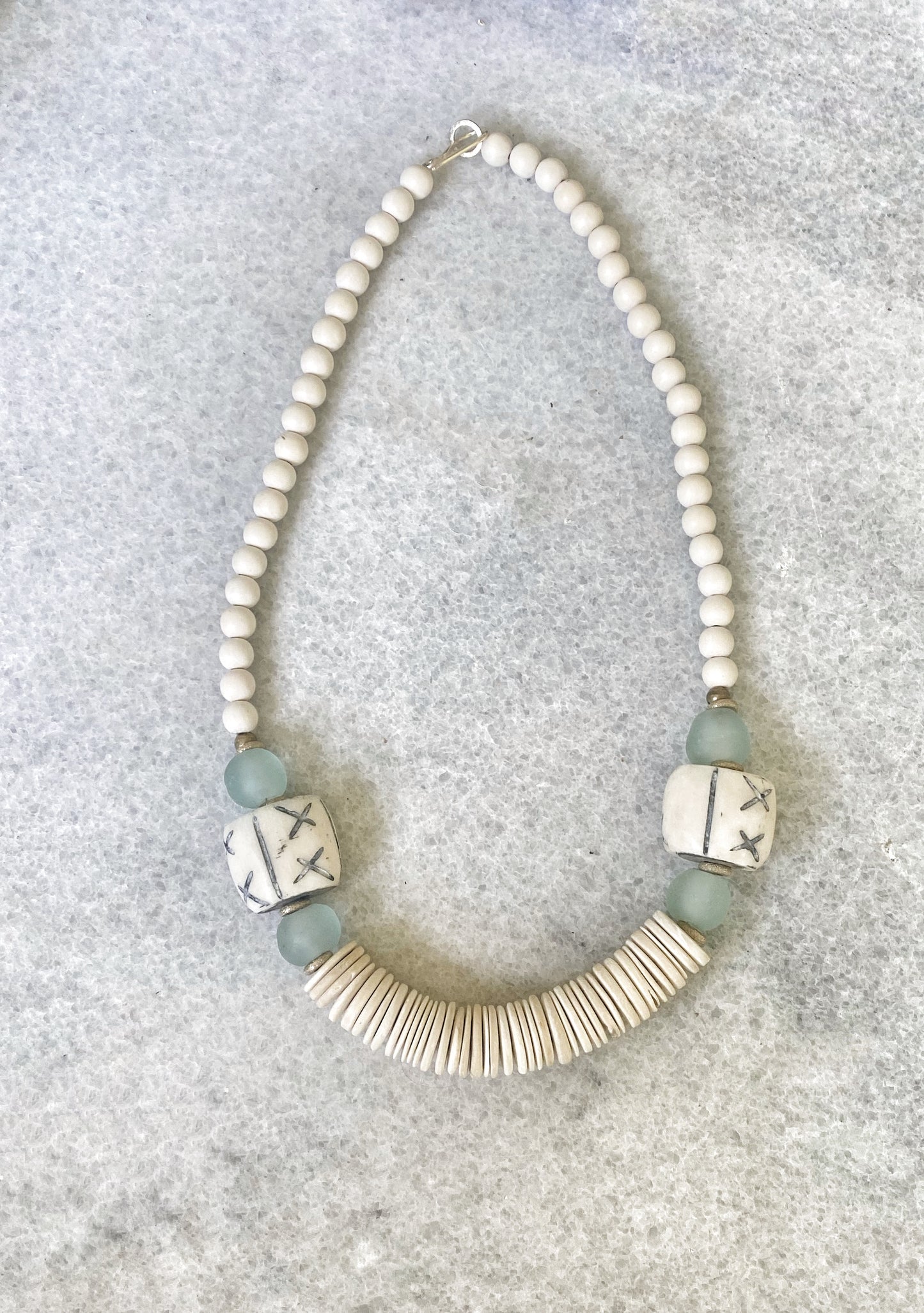 Coconut, Bone and Blue Recycled Glass Necklace