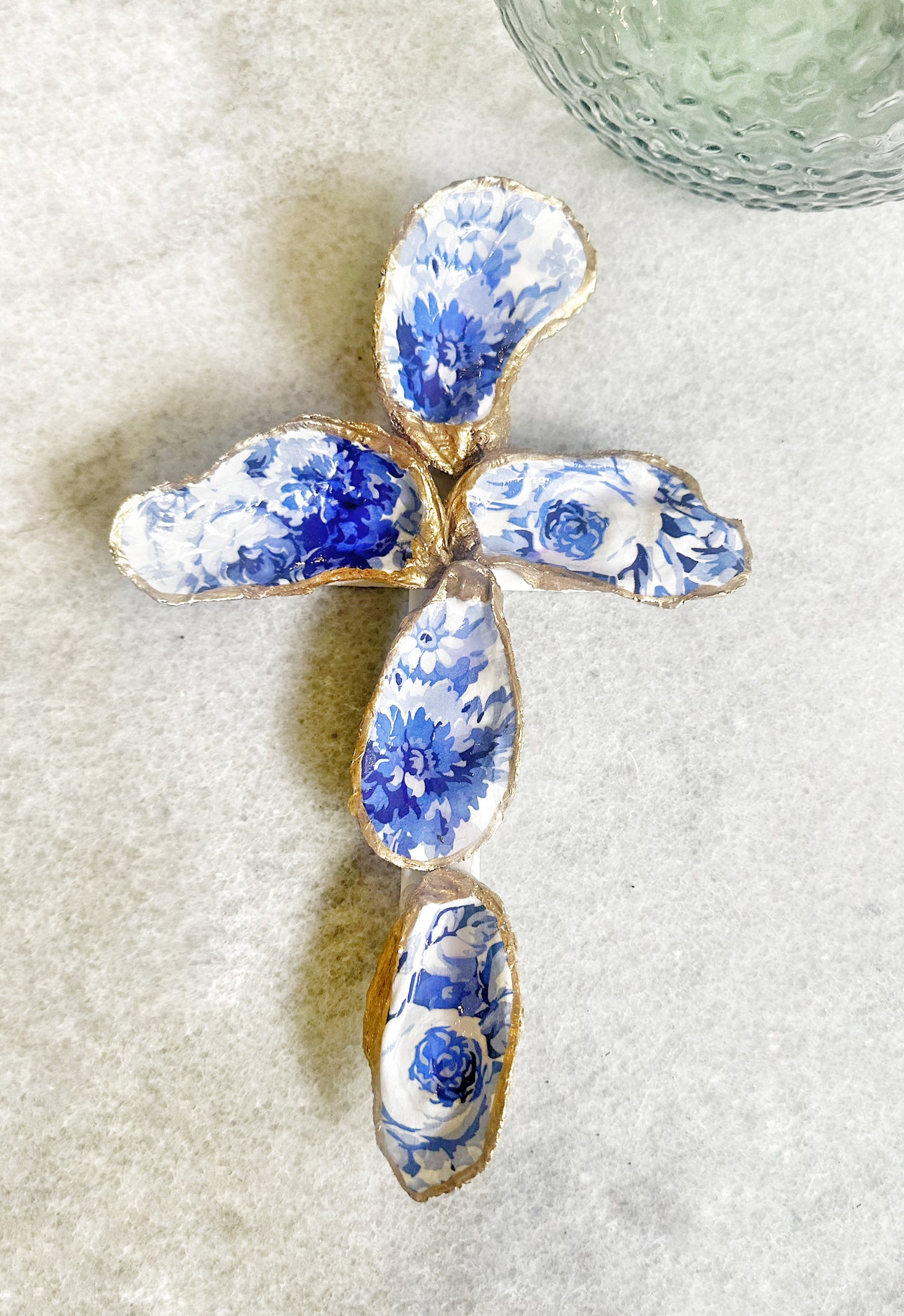 Reserved for Sue H - Oyster Shell Cross - Cobalt Blue Floral