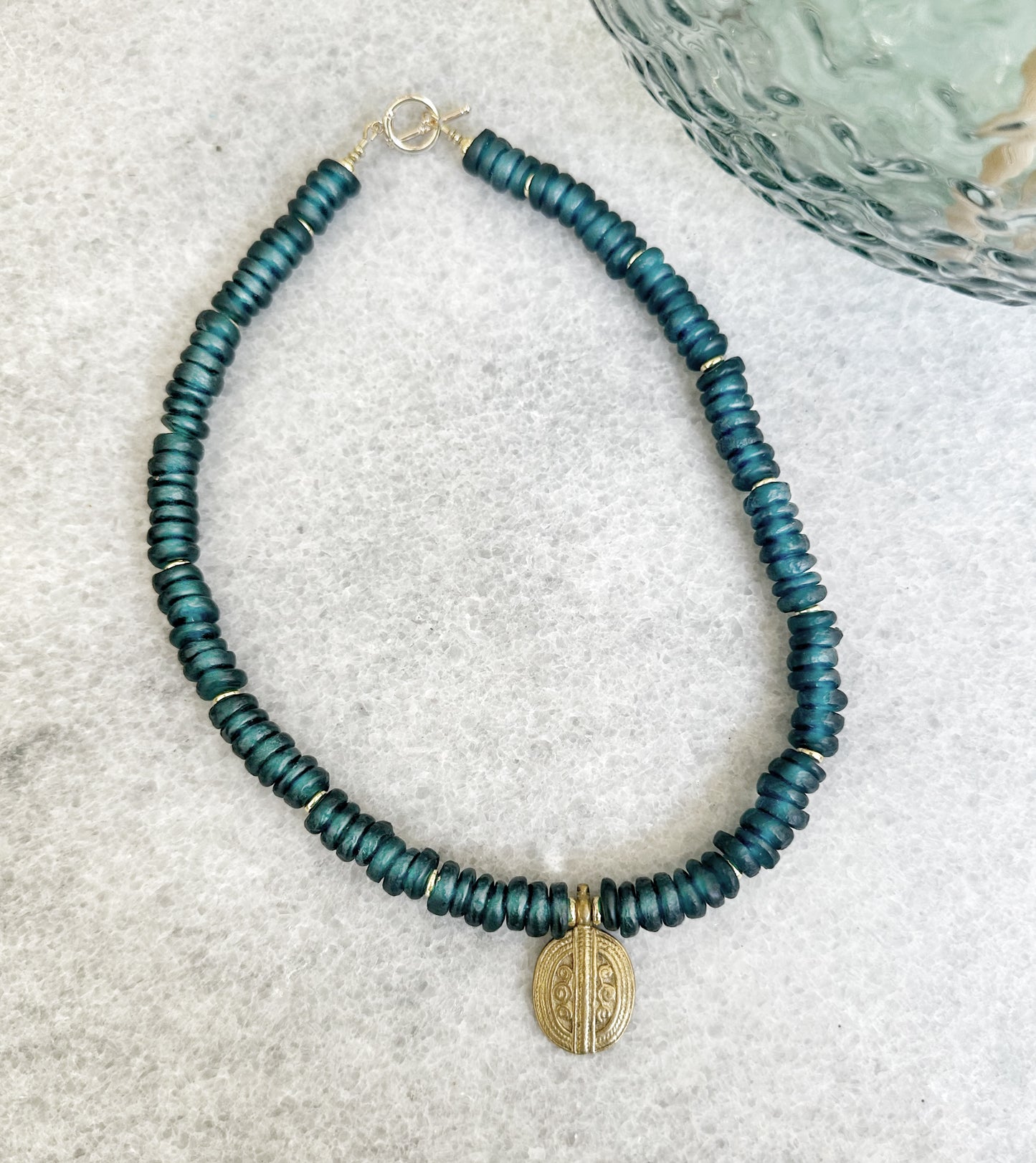 Brass Pendant Neckace with Alpine Teal Recycled Glass