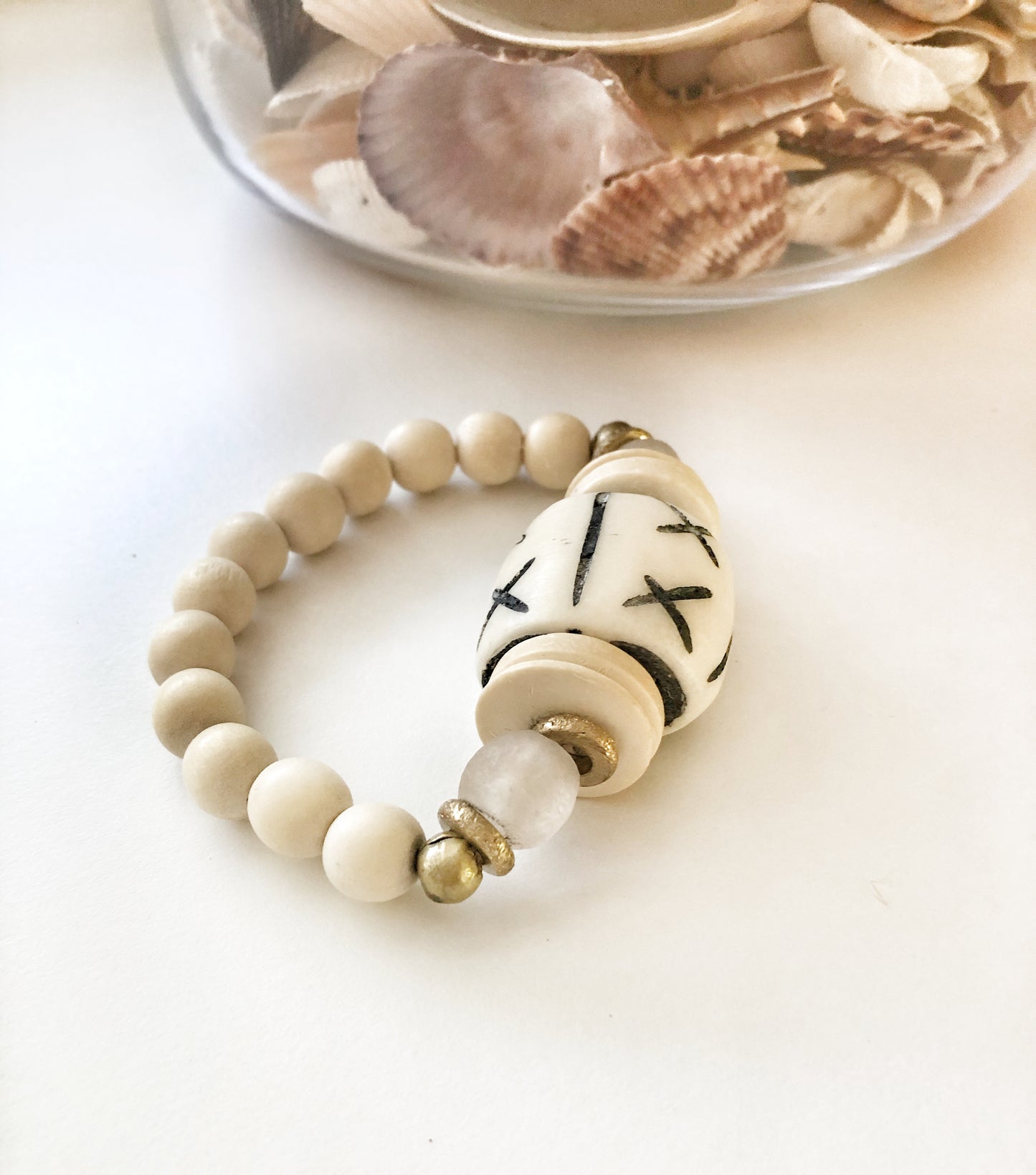 Carved Bone Bead Bracelet with Recycled Glass and Coconut