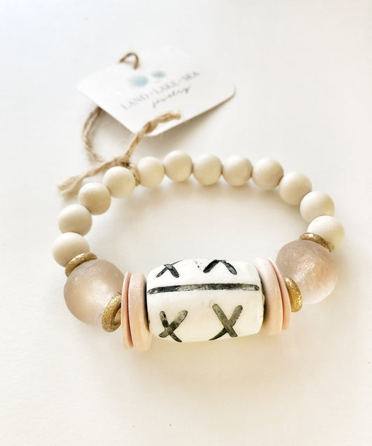 Carved Bone Bead Bracelet with Pink Recycled Glass and Coconut