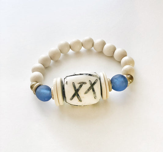 Carved Bone Bead Bracelet with Blue Recycled Glass and Coconut