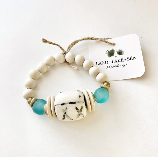 Carved Bone Bead Bracelet with Bright Aqua Recycled Glass and Coconut
