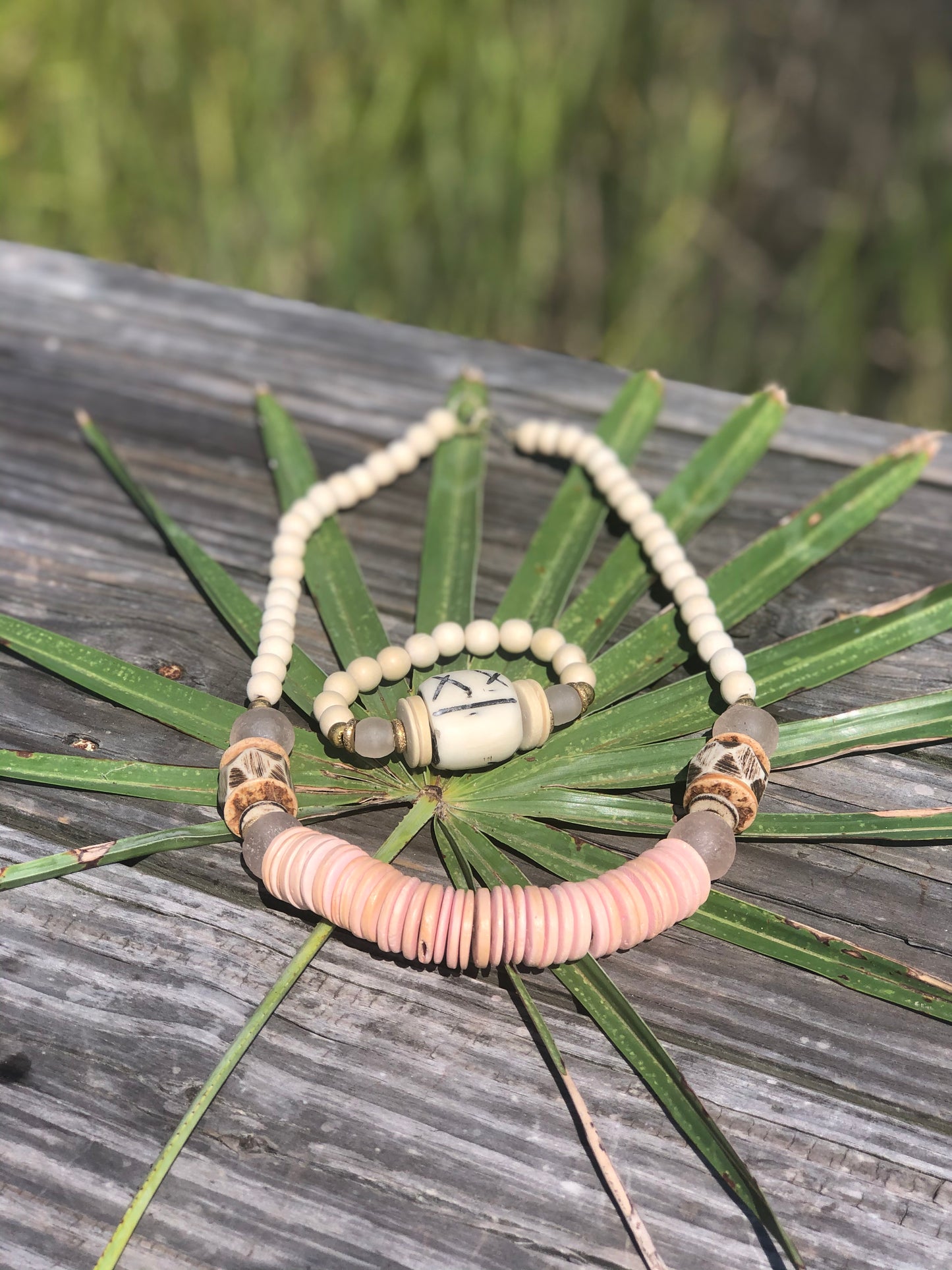 Carved Bone Bead Bracelet with Pink Recycled Glass and Coconut