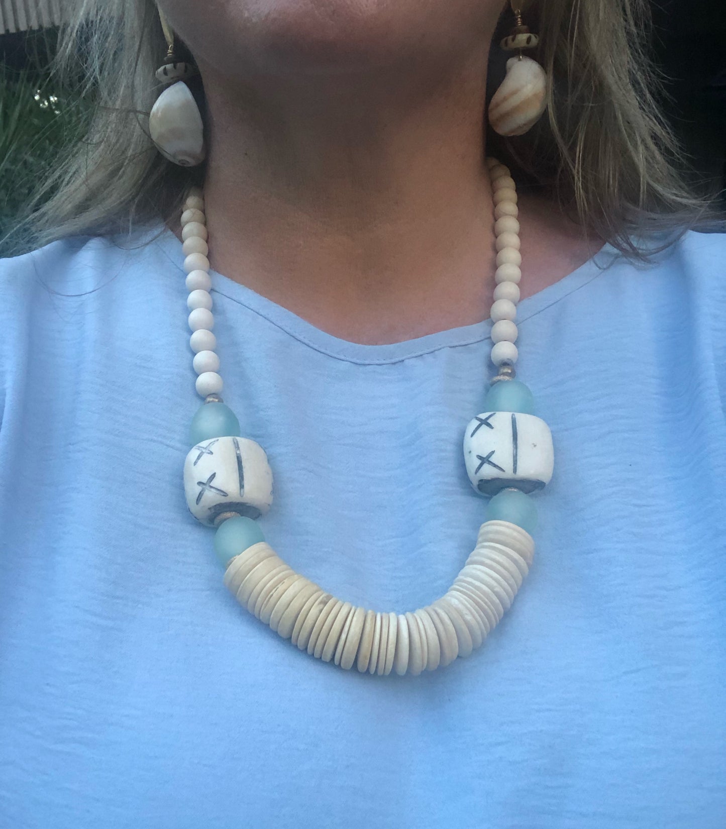 Coconut, Bone and Blue Recycled Glass Necklace