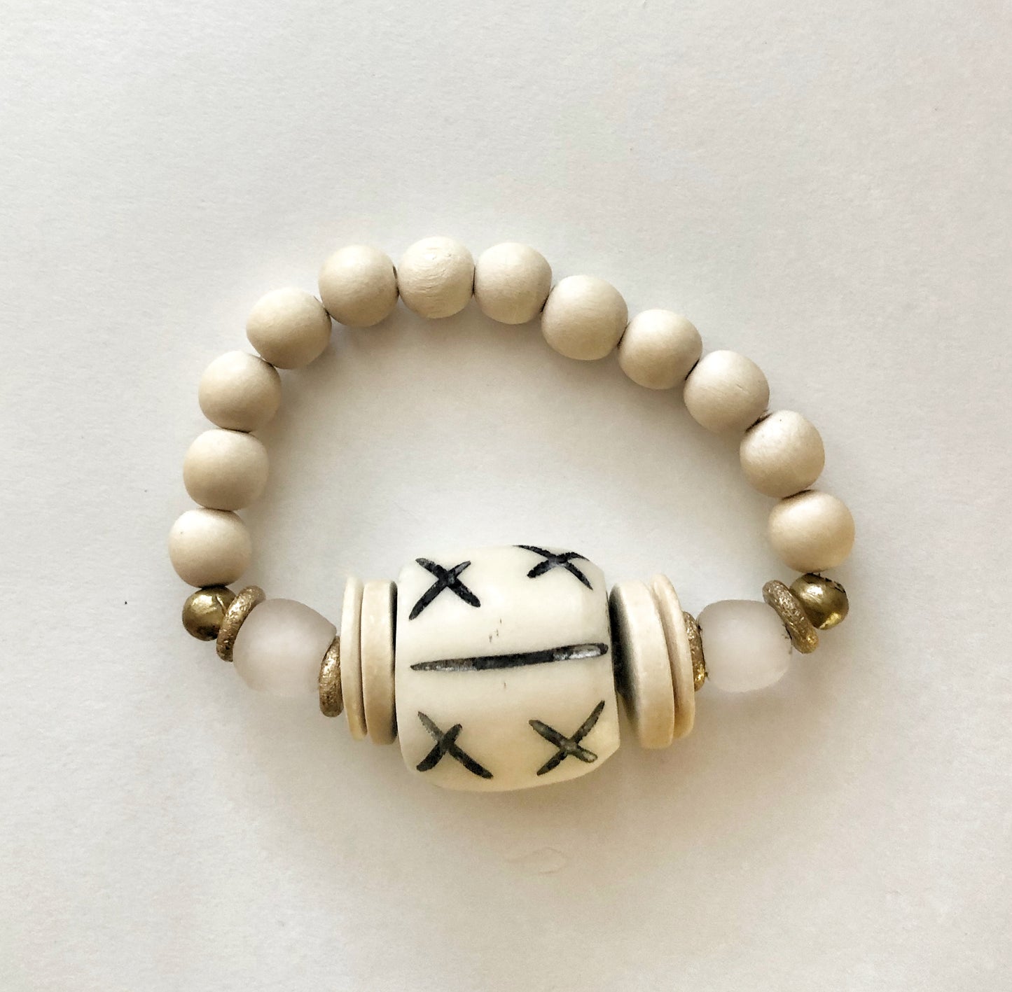 Carved Bone Bead Bracelet with Recycled Glass and Coconut