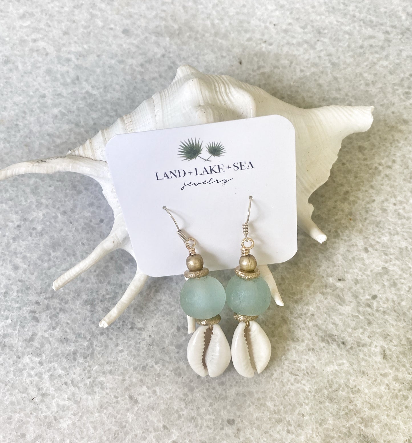 Cowrie Shell and Blue Recycled Glass Earrings