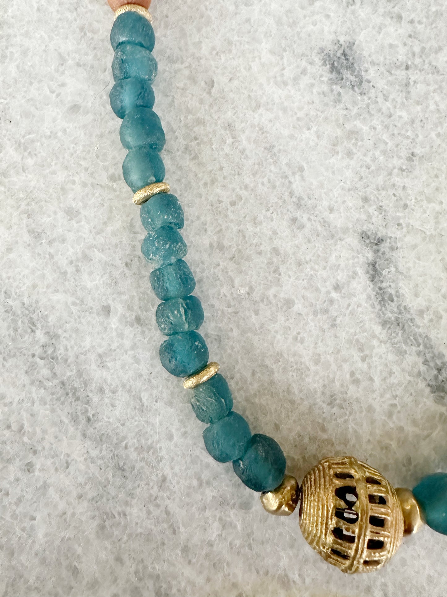 Teal Recycled Glass Necklace with African Brass