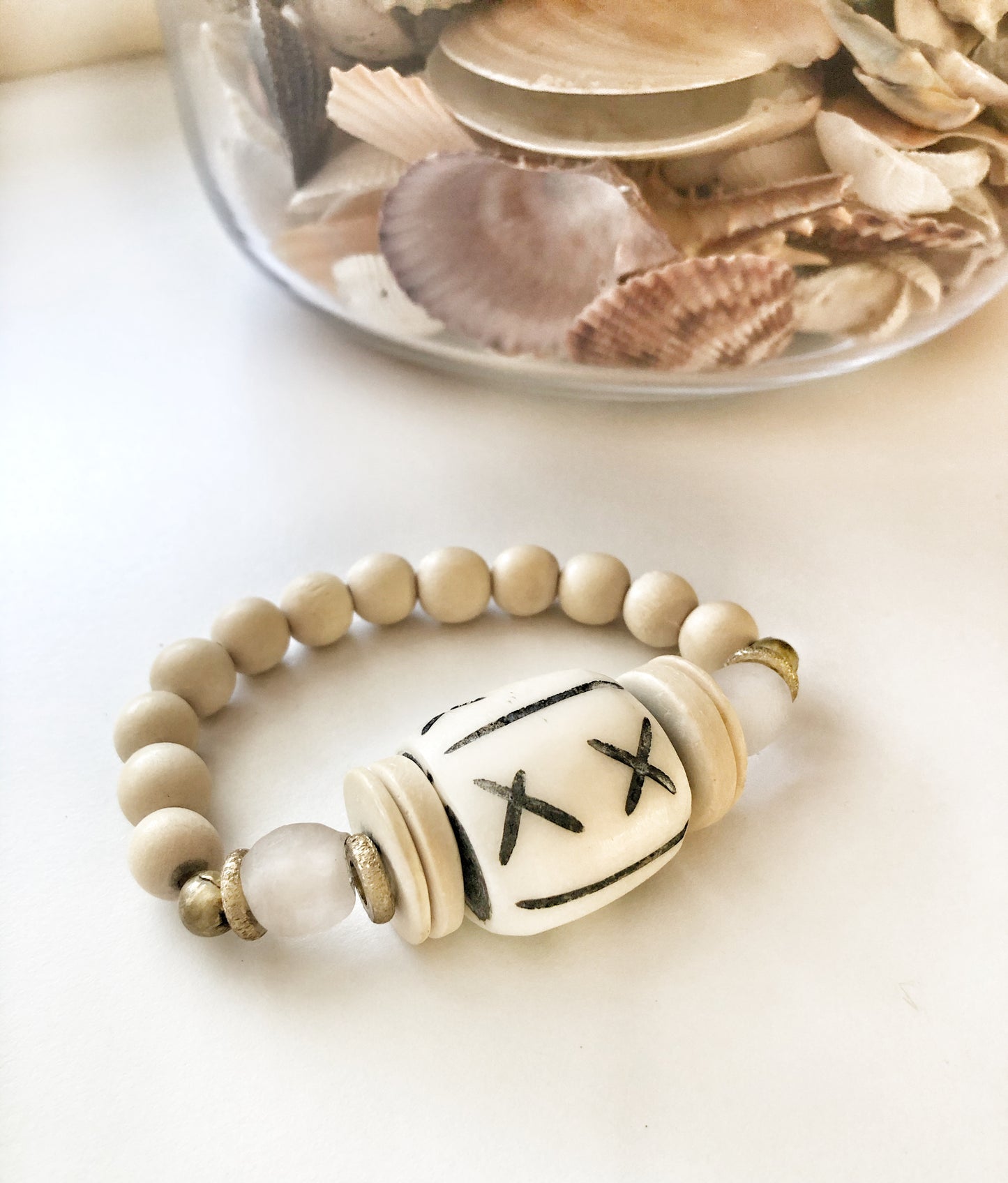 Carved Bone Bead Bracelet with Recycled Glass and Coconut