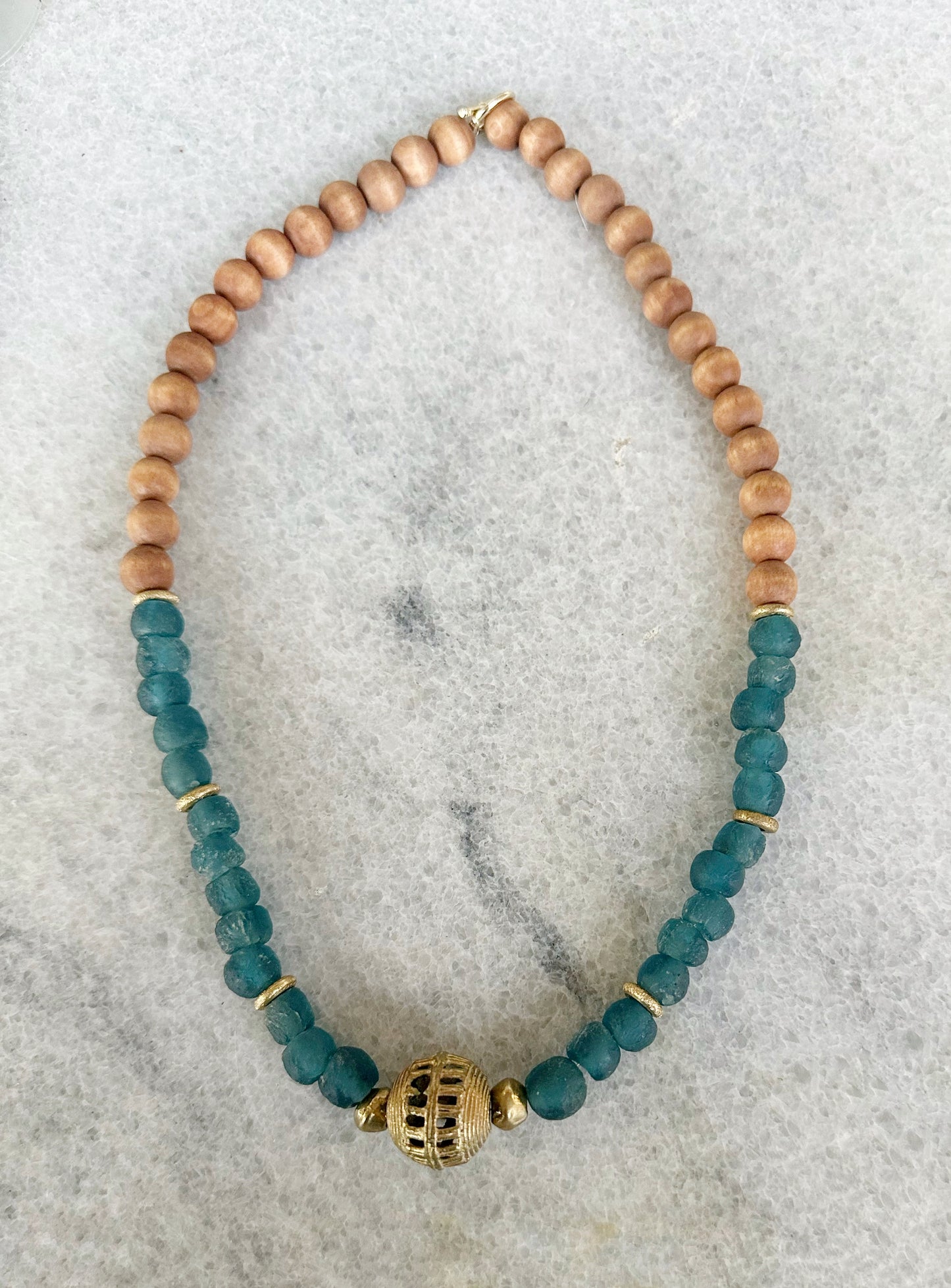 Teal Recycled Glass Necklace with African Brass