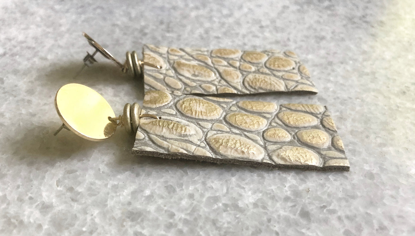 Gold Genuine Leather Alligator-Embossed Earrings