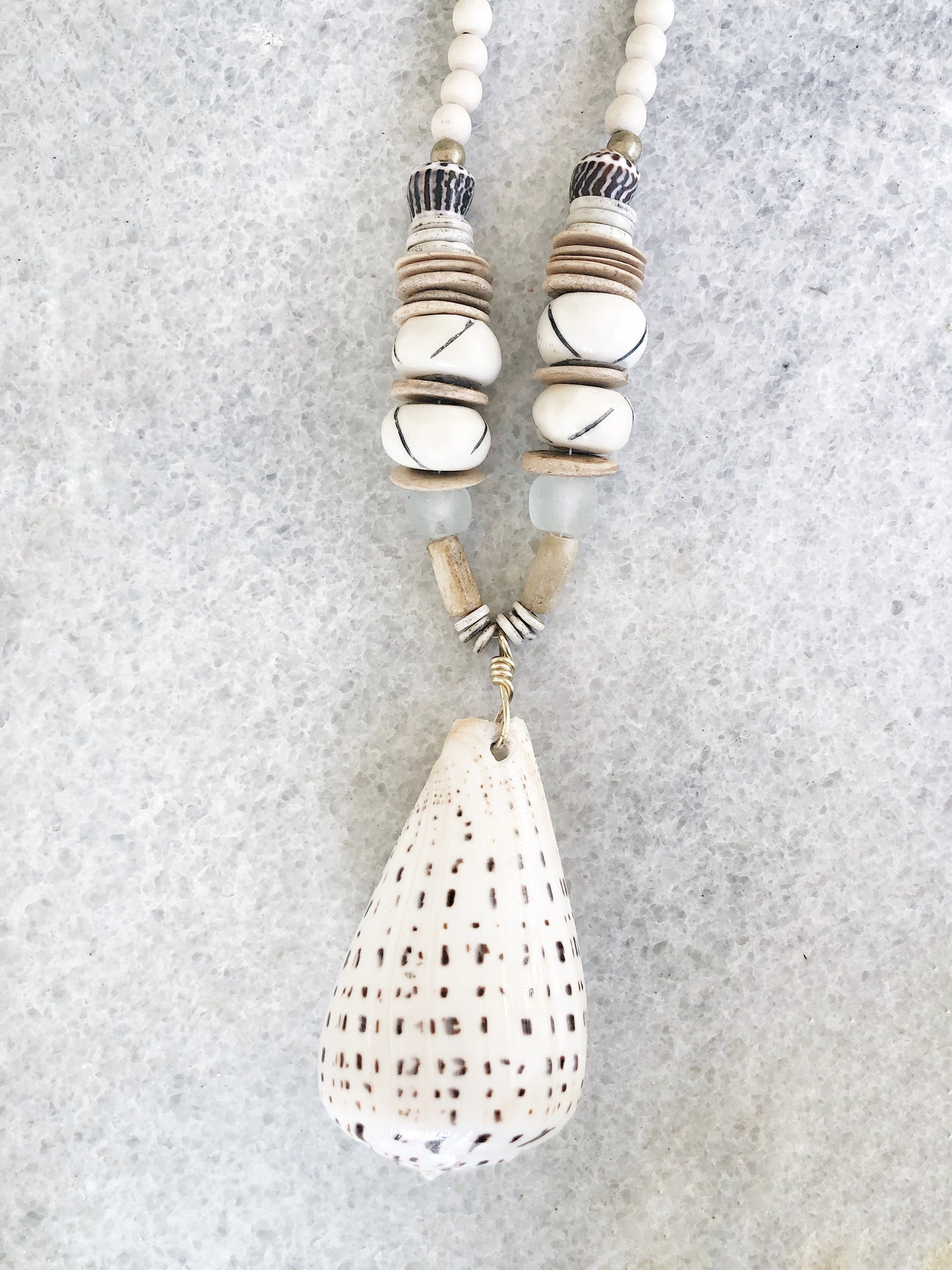 Cone Shell Necklace with Bone, Coconut and Hebrew Cone