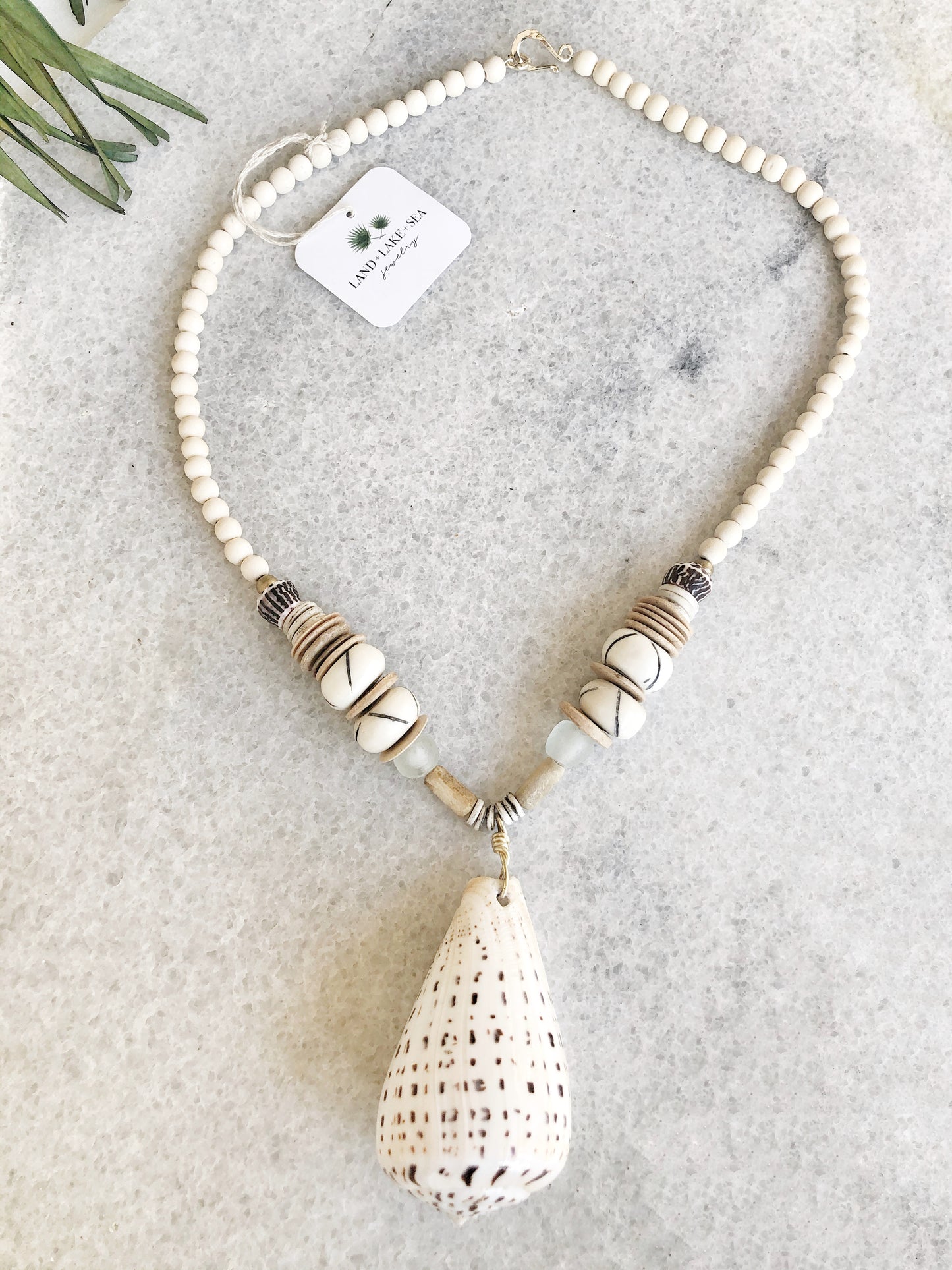 Cone Shell Necklace with Bone, Coconut and Hebrew Cone