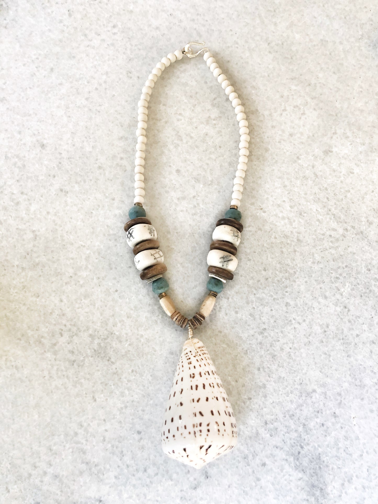 Cone Shell Necklace with Bird's Egg Blue Recycled Glass and Bone Beads