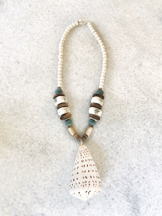 Cone Shell Necklace with Bird's Egg Blue Recycled Glass and Bone Beads