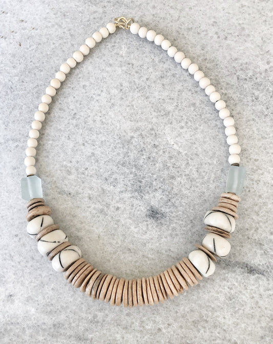 African Bone, Recycled Glass and Coconut Necklace